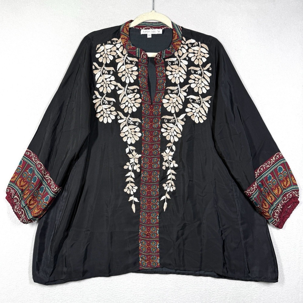 Karyn Seo Top Womens Medium Embroidered Floral Silk Blend Tunic Blouse Bohemian